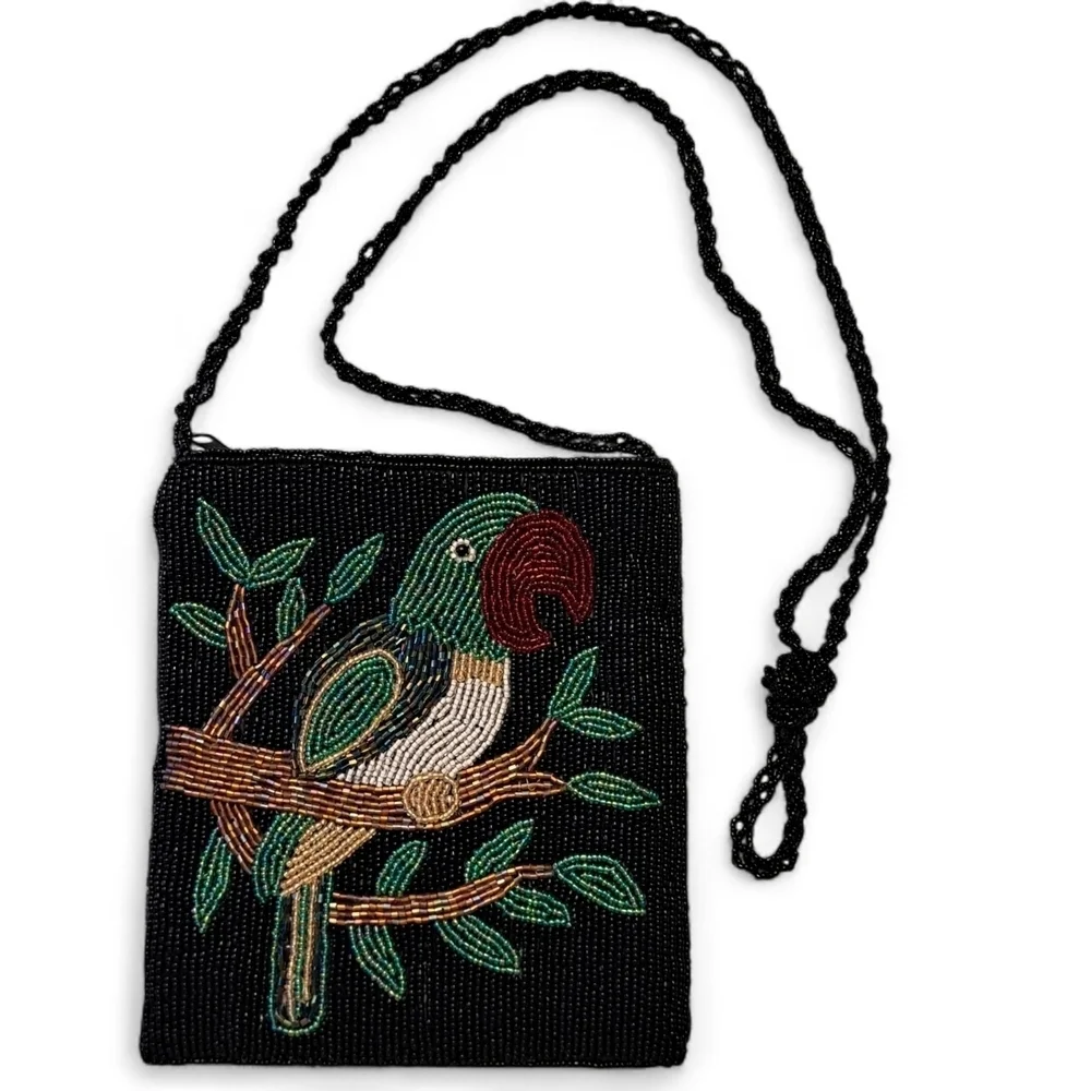 Vintage ERMO Beaded Parrot Crossbody Bag Black Embroidered